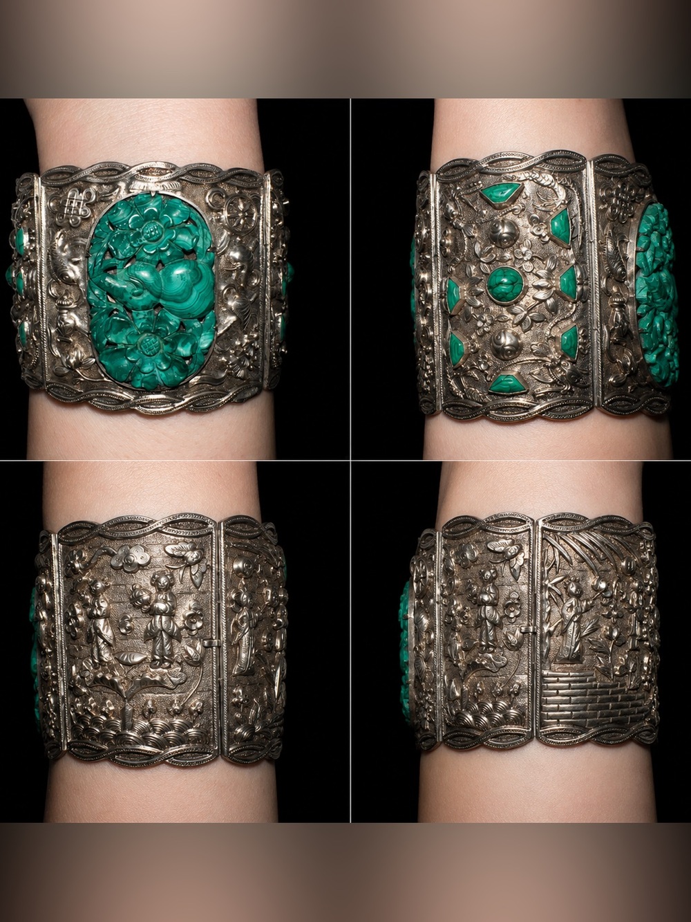 Antique Chinese Export Sterling Silver & Carved Malachite "Story" Panel Bracelet